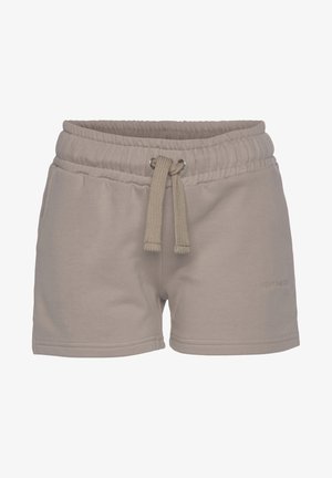 Beige cotton blend shorts with an elastic waistband, drawstring closure, two side seams, and a small logo on the front.