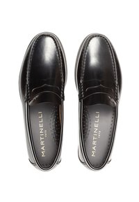 Black leather slip-on loafers with stitched detailing, branded "Martinelli 1973" on the cushioned insoles, shown from a top-down view.