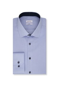 Lichtblauw slim-fit overhemd met donkere knopen, omgevouwen manchetten en marineblauwe kraagvoering met witte stippen, met het label "seidensticker".