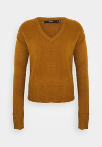 Pull en maille marron à col en V et manches longues, avec poignets et ourlet côtelés, présenté sur un fond clair uni.