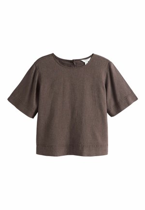 Brown short-sleeve linen top with round neckline, loose fit, and visible seam details on sleeves and hem.