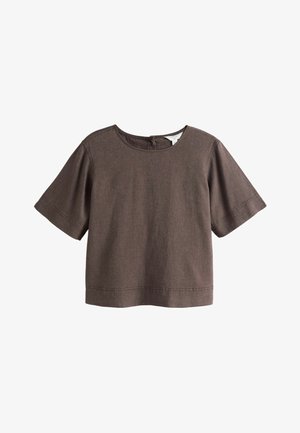 Brown short-sleeve linen top with round neckline, loose fit, and visible seam details on sleeves and hem.