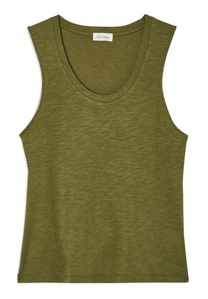 Olive green tank top made of soft, textured fabric with a rounded neckline and wide armholes, featuring a straight hem.