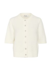 Lühikeste varrukate ja kreemja värviga kašmiirkardigan, mis on valmistatud pehmest kudumaterjalist. Omab ümmargust kaelust ja dekoratiivseid hõbedaseid nööpe esiosas.