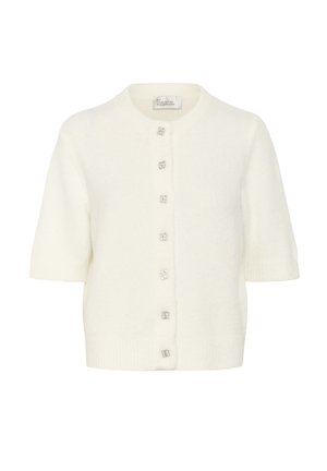 Kardigan krótki rękaw w kolorze kremowym, wykonany z miękkiego materiału dzianinowego. Posiada okrągły dekolt oraz dekoracyjne srebrne zapięcia na guziki z przodu.
