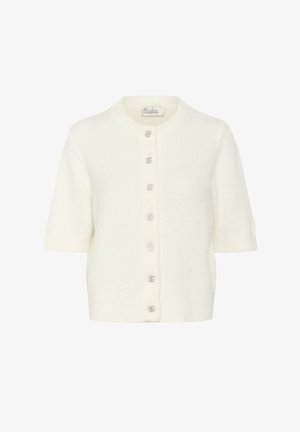 Kardigan krótki rękaw w kolorze kremowym, wykonany z miękkiego materiału dzianinowego. Posiada okrągły dekolt oraz dekoracyjne srebrne zapięcia na guziki z przodu.