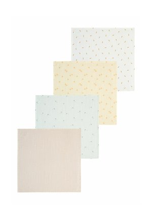 Set of four placemats in soft, textured fabric. Colors include pale pink, light blue, yellow, and white; each features subtle patterns.