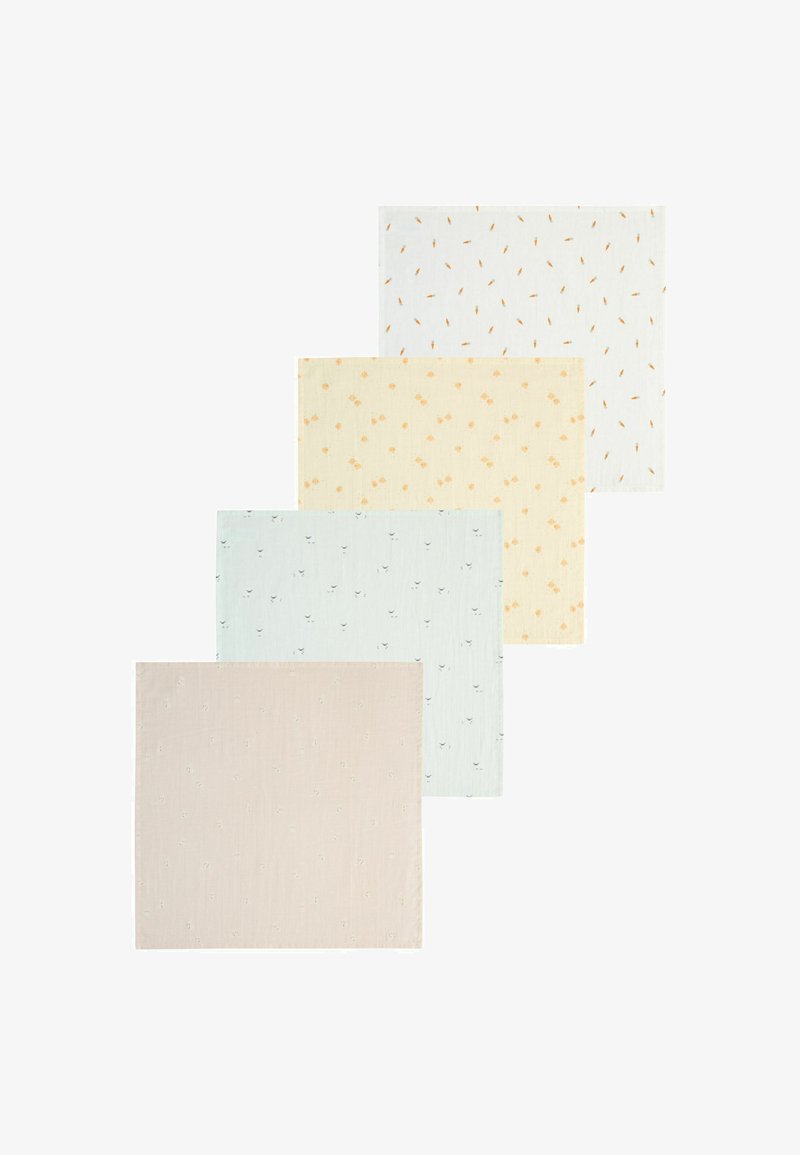 Conjunto de cuatro manteles individuales de tela suave y texturizada. Los colores incluyen rosa pálido, azul claro, amarillo y blanco; cada uno presenta patrones sutiles.