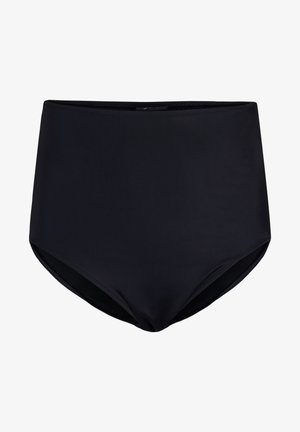 Højtaljet sort badetøjsbund lavet af glat, strækbart stof med mat finish og uden synlig hardware eller mønstre.