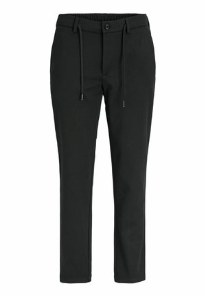 Pantalon décontracté noir avec ceinture élastique, fermeture par bouton et cordons, coupe droite, poches avant, présenté sur fond blanc.