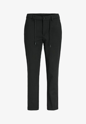 Pantalon décontracté noir avec ceinture élastique, fermeture par bouton et cordons, coupe droite, poches avant, présenté sur fond blanc.