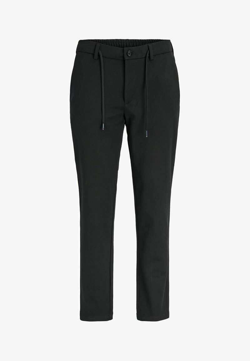 Pantalon décontracté noir avec ceinture élastique, fermeture par bouton et cordons, coupe droite, poches avant, présenté sur fond blanc.