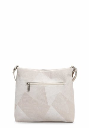 Helebeežist beež värvusega õlakott, millel on tekstuuriga geomeetriline muster ja ees lukuga tasku, reguleeritav rihm ja hõbedased detailid.