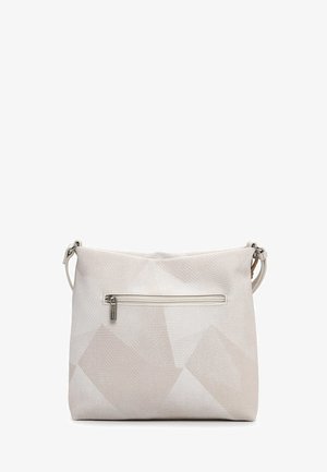 Helebeežist beež värvusega õlakott, millel on tekstuuriga geomeetriline muster ja ees lukuga tasku, reguleeritav rihm ja hõbedased detailid.