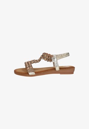 Flat sandal with tan sole, metallic silver straps adorned with large circular brown gems and elastic ankle band.