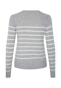 Grijs gestreepte trui met lange mouwen, voorzien van witte horizontale strepen, een ronde hals en een zachte, gestructureerde afwerking.