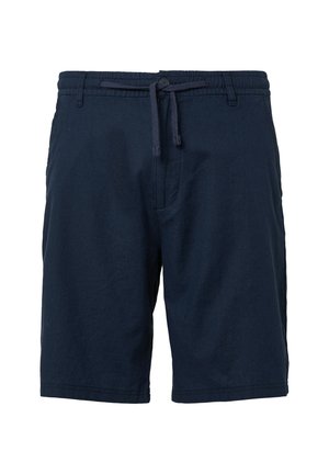 Navyblauwe shorts gemaakt van lichtgewicht stof, met een elastische tailleband met trekkoord en twee zijzakken. Glad textuur.