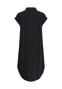 Robe-chemise noire à manches courtes avec manches retroussées, col pointu et ourlet courbé, vue de dos sur un fond blanc.