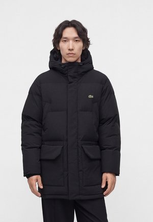 Uomo con capelli neri mossi che indossa una giacca imbottita nera con cappuccio, tasche anteriori e un piccolo logo verde su uno sfondo uniforme.