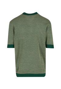 Zelený krátky rukáv pletený top s vzorom houndstooth, rebrovaným výstrihom a manžetami. Materiál pôsobí hladko a má jemnú textúru.