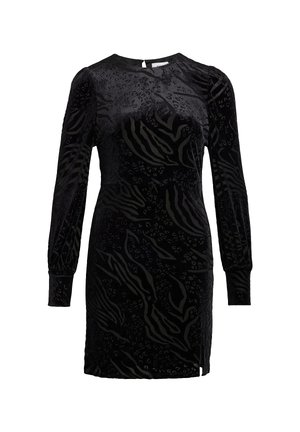 Abito in velluto nero con maniche lunghe a sbuffo. Presenta un design testurizzato con stampa animalier e una chiusura sul retro. Lunghezza al ginocchio con spacco laterale.