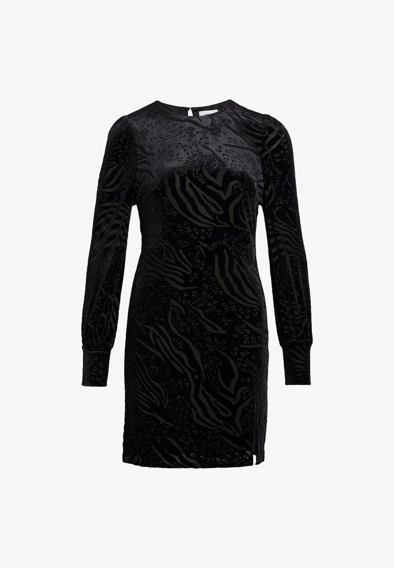 Abito in velluto nero con maniche lunghe a sbuffo. Presenta un design testurizzato con stampa animalier e una chiusura sul retro. Lunghezza al ginocchio con spacco laterale.