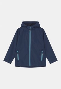 Navy blue waterproof jacket with a hood, featuring a front zip closure and two side pockets with blue accents. Smooth, lightweight material.