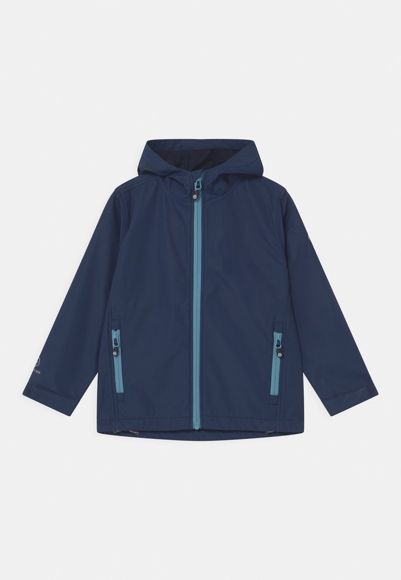 Navy blue waterproof jacket with a hood, featuring a front zip closure and two side pockets with blue accents. Smooth, lightweight material.