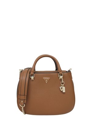Borsa a mano sintetica marrone con hardware dorato, doppi manici, una tracolla staccabile e un piccolo ciondolo attaccato.