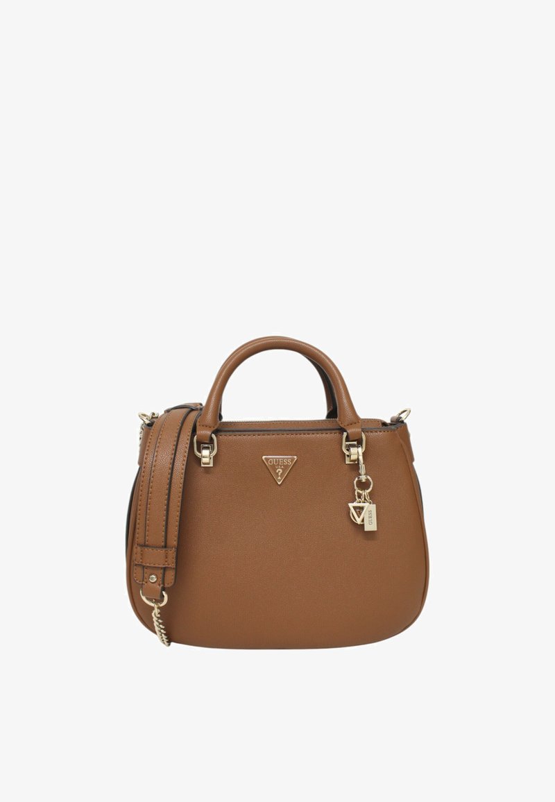 Borsa a mano sintetica marrone con hardware dorato, doppi manici, una tracolla staccabile e un piccolo ciondolo attaccato.