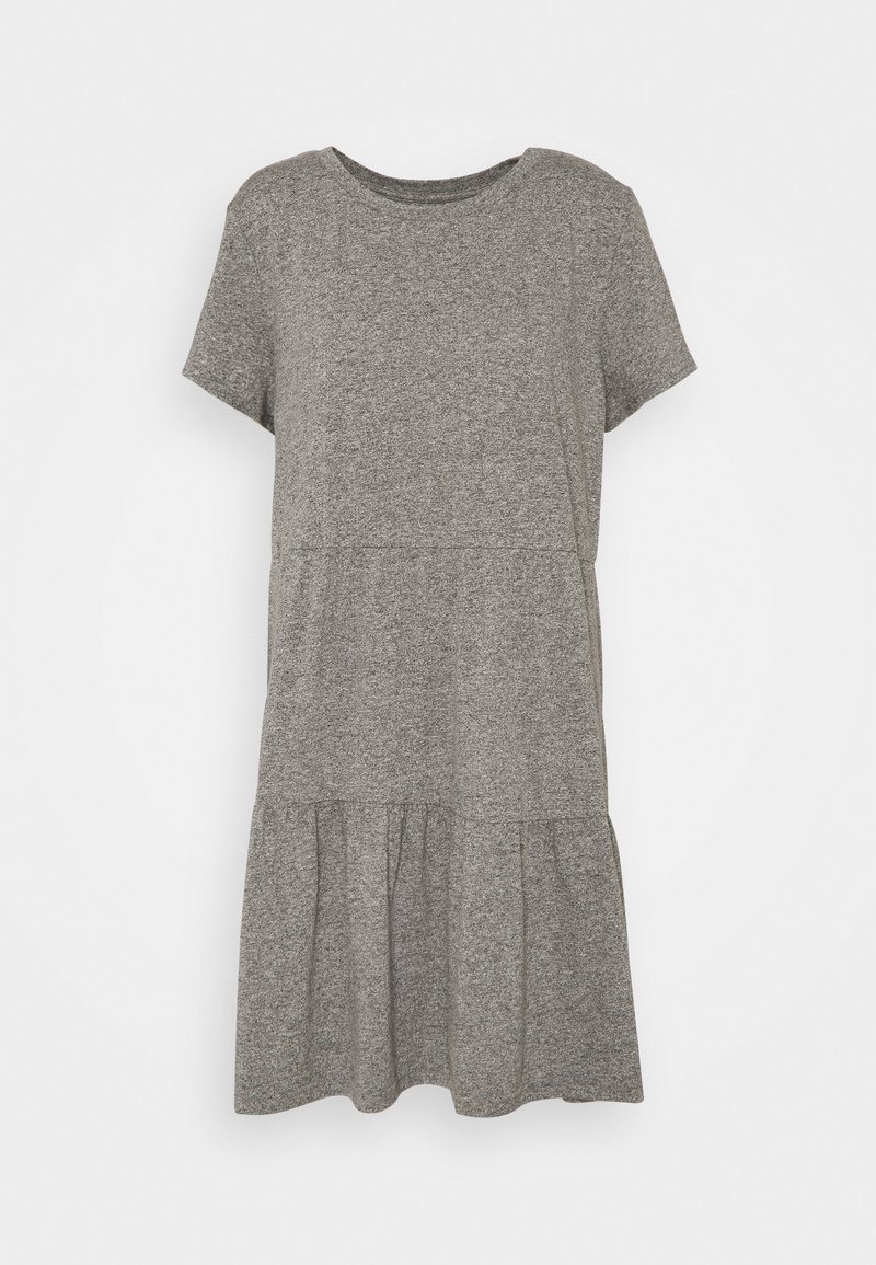 Szara sukienka krótko rękawowa wykonana z miękkiego materiału, z trzystopniowym wzorem i okrągłym dekoltem. Prosty i swobodny krój.