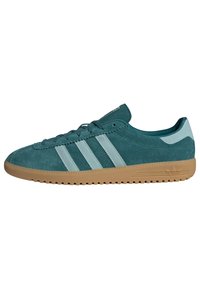Teal suede sneaker with light blue three stripes, rubber gum sole, and padded collar. Features a classic lace-up design.