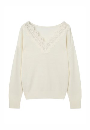Kremasti džemper s čipkastim valovitim rubom uz V-izrez, dugih rukava i mekane pletene teksture.