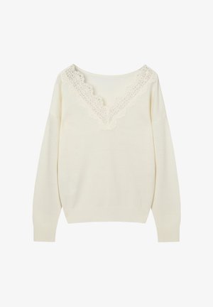 Kremasti džemper s čipkastim valovitim rubom uz V-izrez, dugih rukava i mekane pletene teksture.