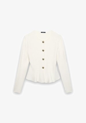 Weißer Langarm-Cardigan mit fünf goldfarbenen Zierknöpfen und leichter Taillenweite, Rundhalsausschnitt und glatter Textur.