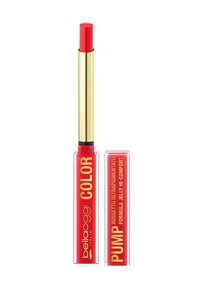 Stick di lucidalabbra rosso con una custodia dorata e una base rettangolare rossa etichettata "belloggi COLOR" e "PUMP Rossetto Ultrapigmentato."