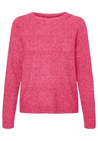 Fuzzy pink sweater with a round neckline, long sleeves, and ribbed hem. The fabric has a textured finish with a heathered pattern.