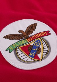 Rode stof met een rond, wit geborduurd embleem. Het ontwerp bevat een adelaar, een schild met een voetbal, en de teksten "E Pluribus Unum" en "S.L.B."