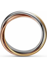 Three intertwined rings made of metal in silver, rose gold, and yellow gold. Smooth surface with a polished finish and no embellishments.