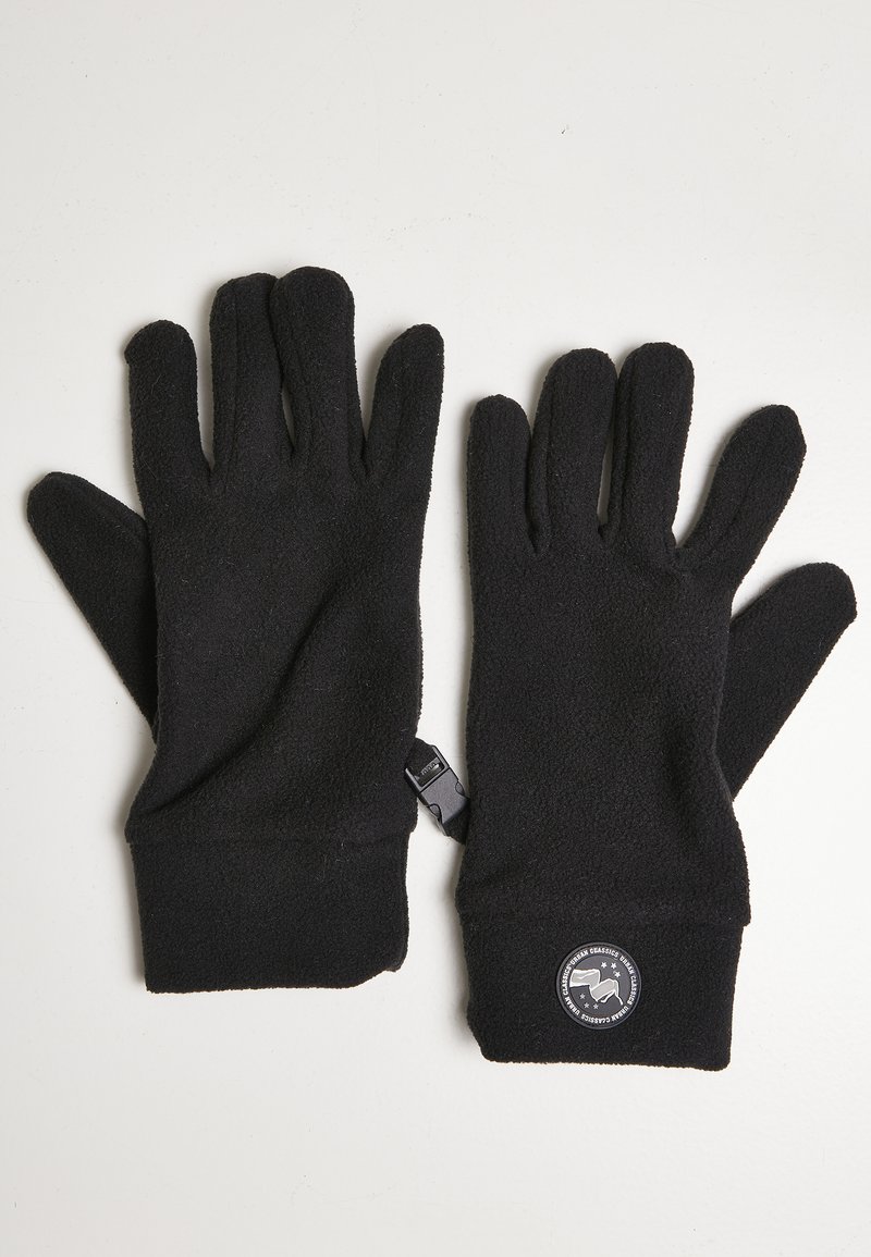 Black fleece gloves with a smooth texture, featuring a snug fit, four fingers, and a circular logo patch on the wrist.