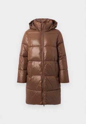 Casaco puffer castanho com uma textura brilhante, capuz removível, fecho de correr à frente e grandes seções acolchoadas. Design de comprimento médio.