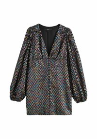 Jurk met een diepe V-hals, pofmouwen en een zigzagpatroon in meerkleurige pailletten op een zwarte basis. Soepele textuur met glanzende accenten.