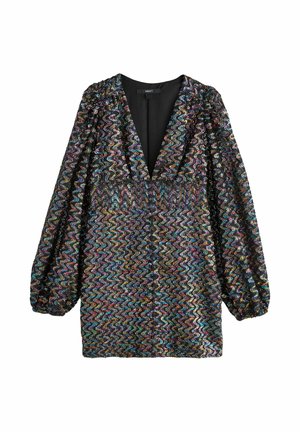 Vestido con escote en V profundo, mangas abullonadas y un patrón de zigzag en lentejuelas multicolores sobre una base negra. Textura suave con detalles brillantes.