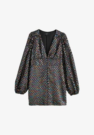 Vestido con escote en V profundo, mangas abullonadas y un patrón de zigzag en lentejuelas multicolores sobre una base negra. Textura suave con detalles brillantes.