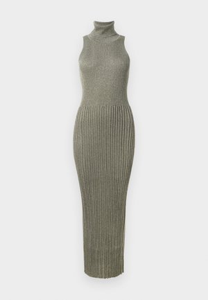 Olive green, ribbed knit dress with a high collar, form-fitting silhouette, and long length. Smooth texture with subtle sheen.