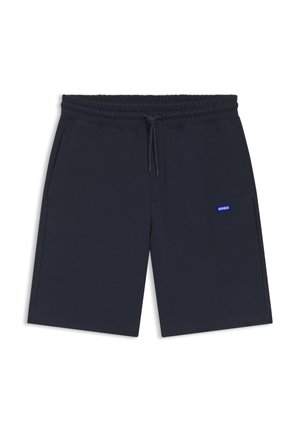 Marineblå snøre shorts med elastisk linning og sidelommer, med en lille blå "HUGO"-logo på højre lår.