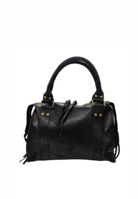 Sac à main en cuir noir avec poignées arrondies, accents en métal doré et finition texturée. Présente des franges sur les côtés et des détails de surpiqûre double.