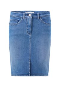 Blauwe denim rok met knoop- en ritsluiting aan de voorkant, riemlussen en twee voorzakken met een klein muntzakje.