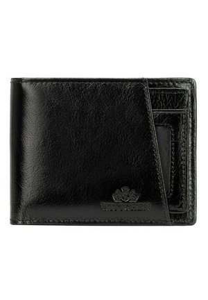 Black leather wallet with a textured finish, featuring multiple card slots and a front pocket. Embossed logo at the bottom corner.