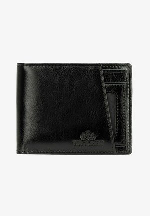 Black leather wallet with a textured finish, featuring multiple card slots and a front pocket. Embossed logo at the bottom corner.